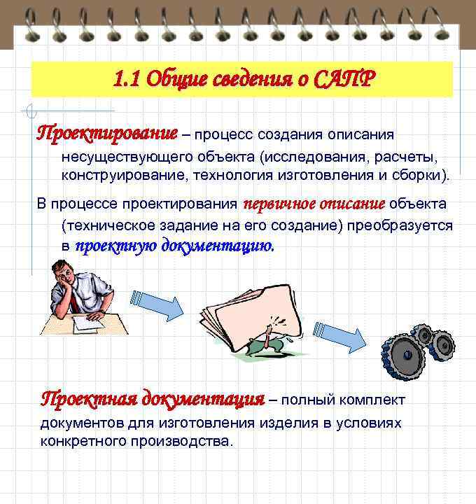 1. 1 Общие сведения о САПР Проектирование – процесс создания описания несуществующего объекта (исследования,