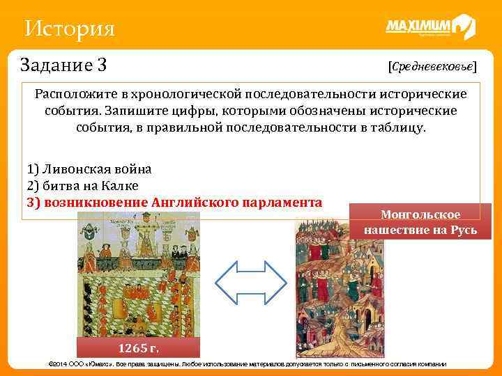История Задание 3 [Средневековье] Расположите в хронологической последовательности исторические события. Запишите цифры, которыми обозначены