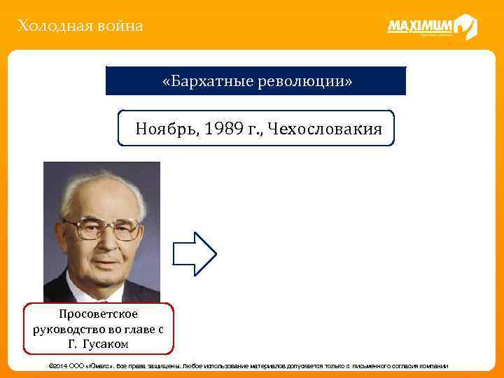 Холодная война «Бархатные революции» Ноябрь, 1989 г. , Чехословакия Просоветское руководство во главе с