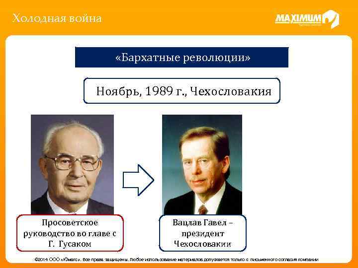Холодная война «Бархатные революции» Ноябрь, 1989 г. , Чехословакия Просоветское руководство во главе с