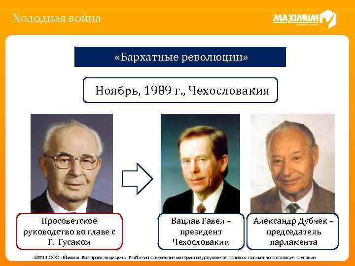 Холодная война «Бархатные революции» Ноябрь, 1989 г. , Чехословакия Просоветское руководство во главе с