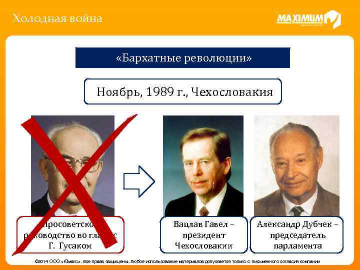 Холодная война «Бархатные революции» Ноябрь, 1989 г. , Чехословакия Просоветское руководство во главе с