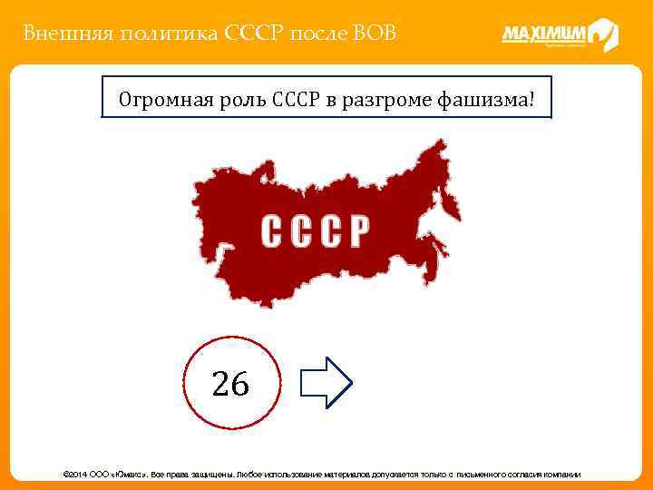 Внешняя политика СССР после ВОВ Огромная роль СССР в разгроме фашизма! 26 © 2014