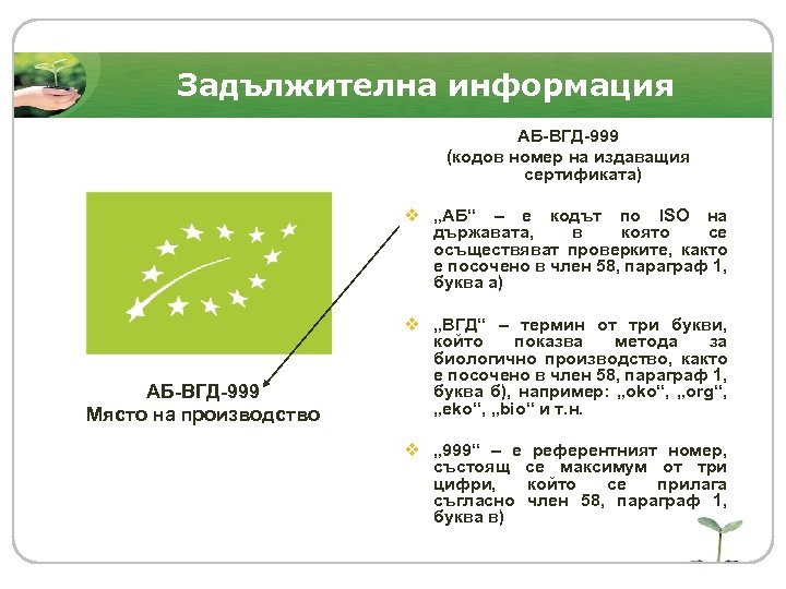 Задължителна информация АБ-ВГД-999 (кодов номер на издаващия сертификата) v „АБ“ – е кодът по