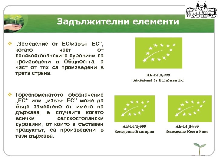Задължителни елементи v „Земеделие от EС/извън ЕС“, когато част от селскостопанските суровини са произведени