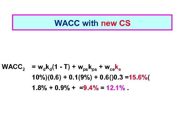 WACC with new CS WACC 2 = wdkd(1 - T) + wpskps + wceke