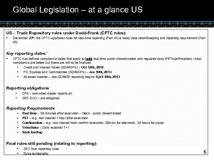 Global Legislation – at a glance US US – Trade Repository rules under Dodd-Frank