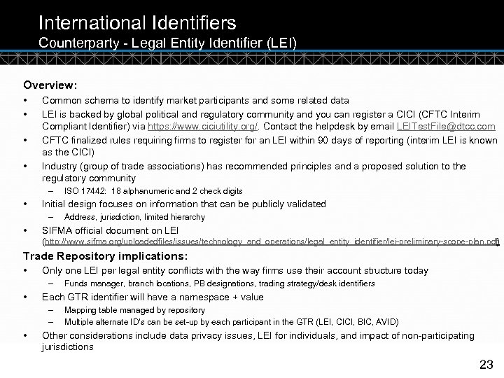 International Identifiers Counterparty - Legal Entity Identifier (LEI) Overview: • • Common schema to