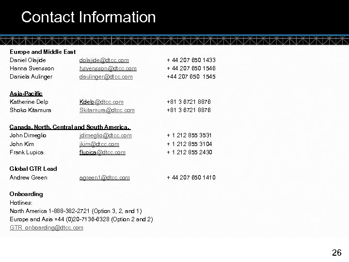 Contact Information Europe and Middle East Daniel Olajide dolajide@dtcc. com Hanna Svensson hsvensson@dtcc. com