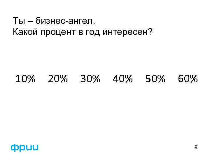Ты – бизнес-ангел. Какой процент в год интересен? 10% 20% 30% 40% 50% 60%