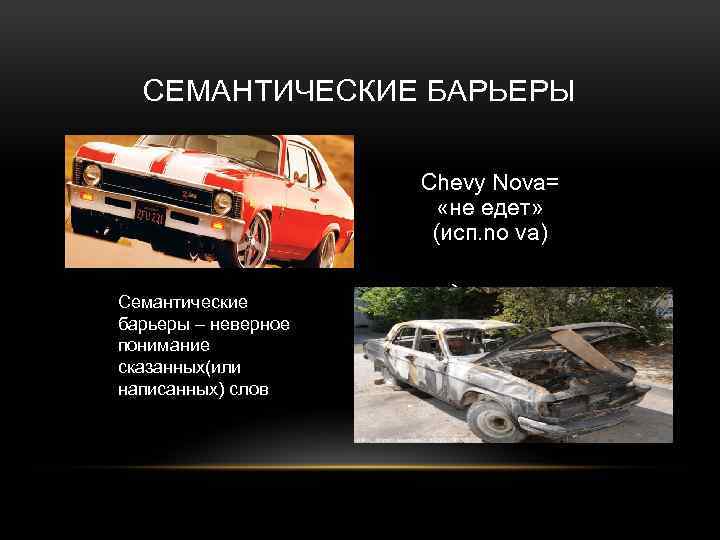 СЕМАНТИЧЕСКИЕ БАРЬЕРЫ Chevy Nova= «не едет» (исп. no va) Семантические барьеры – неверное понимание