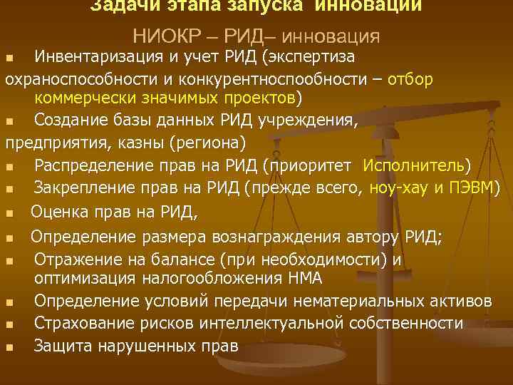 Задачи этапа запуска инновации НИОКР – РИД– инновация Инвентаризация и учет РИД (экспертиза охраноспособности