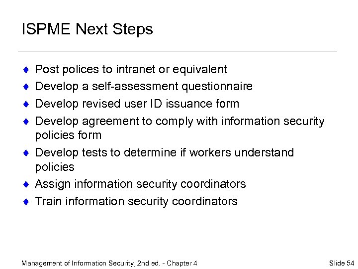 ISPME Next Steps ¨ ¨ Post polices to intranet or equivalent Develop a self-assessment