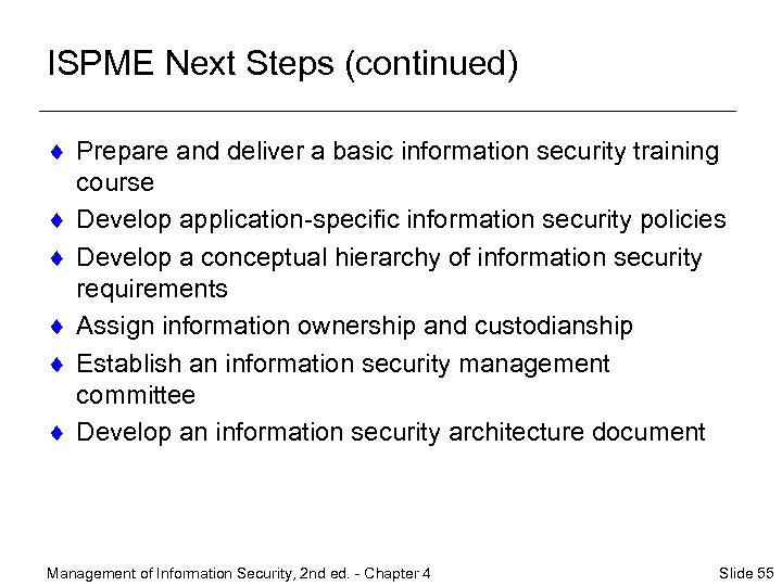 ISPME Next Steps (continued) ¨ Prepare and deliver a basic information security training course