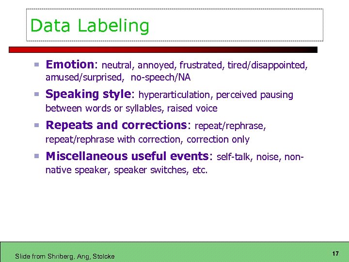 Data Labeling Emotion: neutral, annoyed, frustrated, tired/disappointed, amused/surprised, no-speech/NA Speaking style: hyperarticulation, perceived pausing