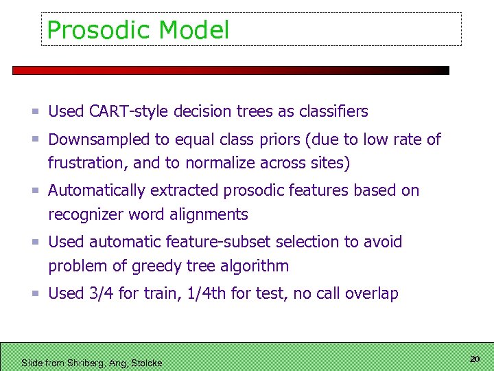 Prosodic Model Used CART-style decision trees as classifiers Downsampled to equal class priors (due