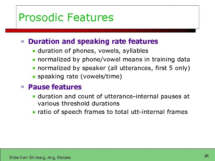 Prosodic Features Duration and speaking rate features duration of phones, vowels, syllables normalized by