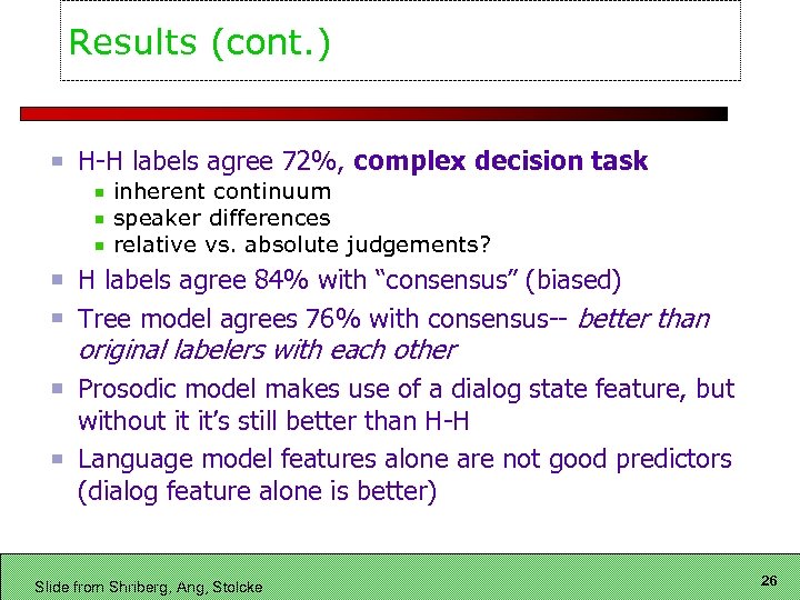 Results (cont. ) H-H labels agree 72%, complex decision task inherent continuum speaker differences