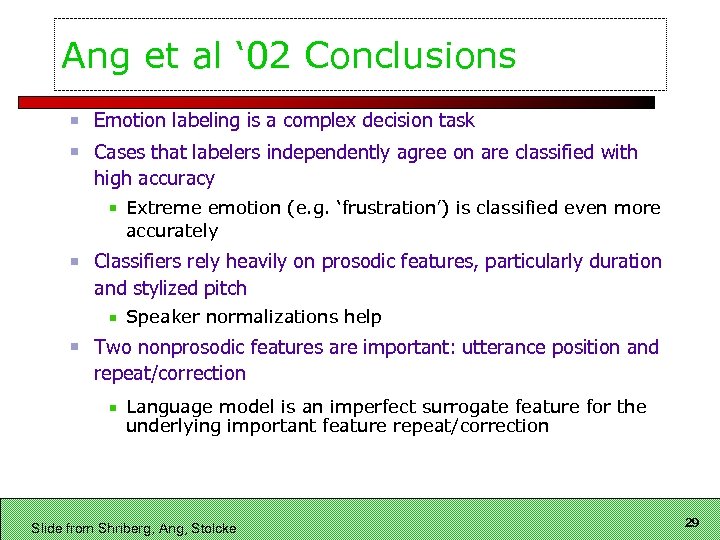 Ang et al ‘ 02 Conclusions Emotion labeling is a complex decision task Cases