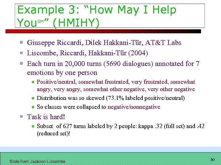 Example 3: “How May I Help You ” (HMIHY) SM Giuseppe Riccardi, Dilek Hakkani-Tür,