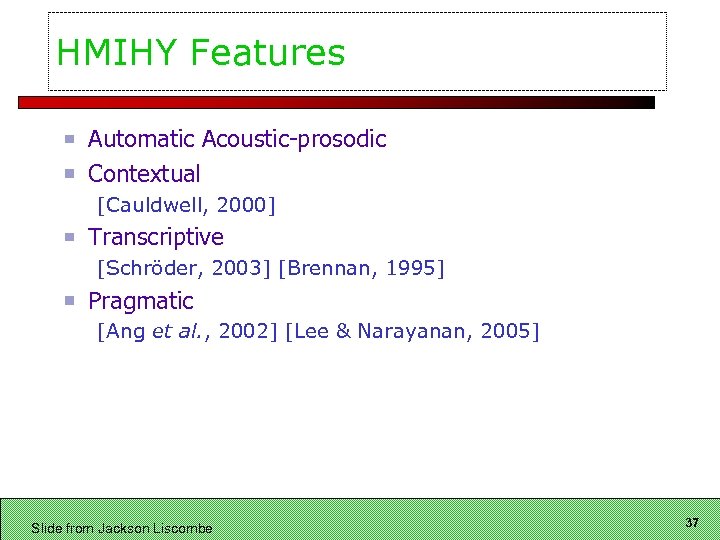 HMIHY Features Automatic Acoustic-prosodic Contextual [Cauldwell, 2000] Transcriptive [Schröder, 2003] [Brennan, 1995] Pragmatic [Ang