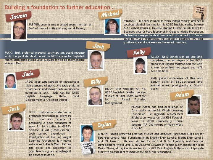 Building a foundation to further education… Michael Jasmin JASMIN: Jasmin was a valued team