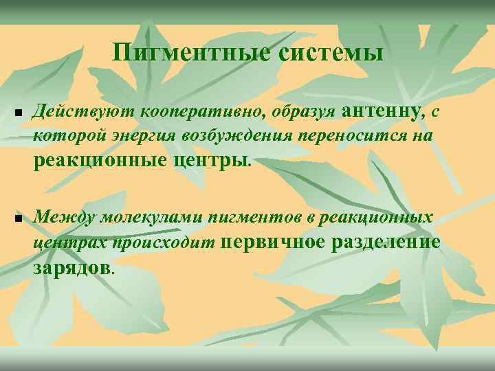 Пигментные системы n n Действуют кооперативно, образуя антенну, с которой энергия возбуждения переносится на