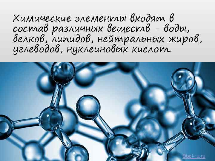 Химические элементы входят в состав различных веществ - воды, белков, липидов, нейтральных жиров, углеводов,