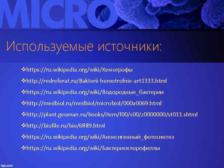 Используемые источники: vhttps: //ru. wikipedia. org/wiki/Хемотрофы vhttp: //redreferat. ru/Bakterii-hemotrofnie-art 1333. html vhttps: //ru. wikipedia.