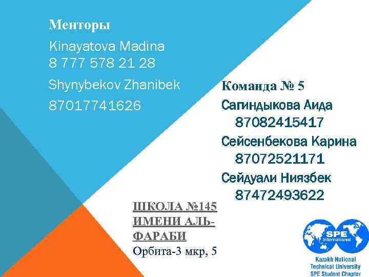 Менторы Kinayatova Madina 8 777 578 21 28 Shynybekov Zhanibek 87017741626 ШКОЛА № 145