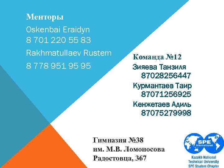 Менторы Oskenbai Eraidyn 8 701 220 55 83 Rakhmatullaev Rustem 8 778 951 95