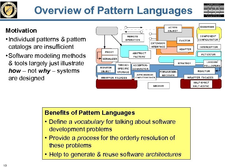 Overview of Pattern Languages Motivation • Individual patterns & pattern catalogs are insufficient •