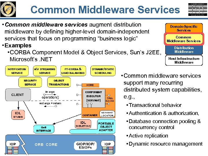 Common Middleware Services • Common middleware services augment distribution middleware by defining higher-level domain-independent