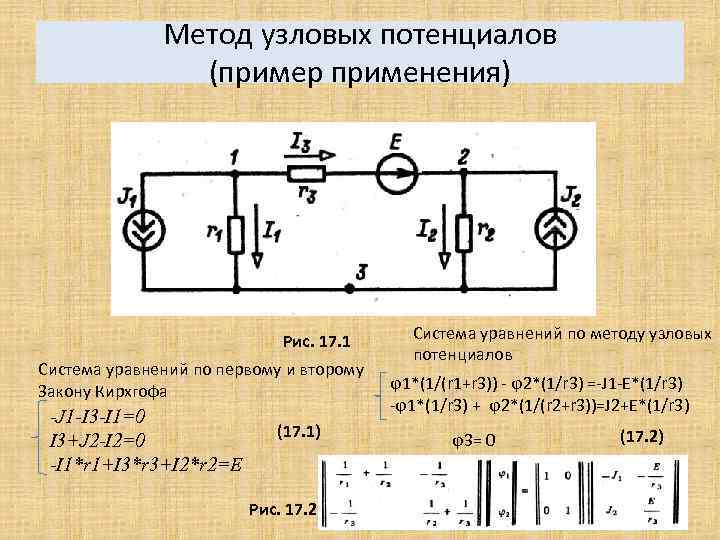 Метод узловых потенциалов (пример применения) Рис. 17. 1 Система уравнений по первому и второму