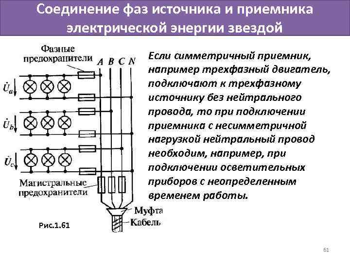 Соединение фаз источника и приемника электрической энергии звездой Если симметричный приемник, например трехфазный двигатель,