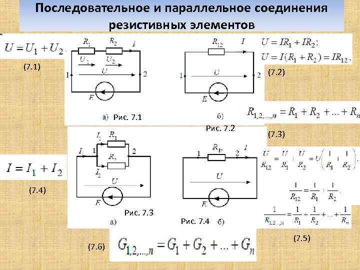 Последовательное и параллельное соединения резистивных элементов (7. 1) (7. 2) Рис. 7. 1 Рис.