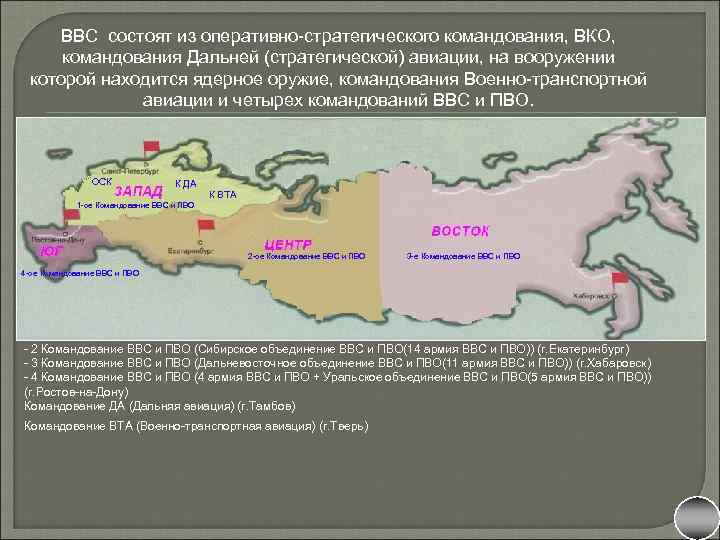 ВВС состоят из оперативно-стратегического командования, ВКО, командования Дальней (стратегической) авиации, на вооружении которой находится