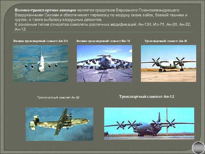 Военно-транспортная авиация является средством Верховного Главнокомандующего Вооруженными Силами и обеспечивает перевозку по воздуху своих