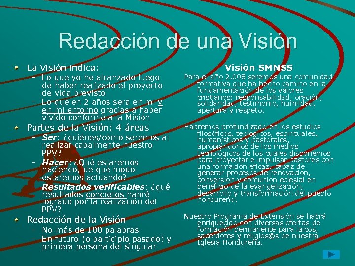 Redacción de una Visión La Visión indica: – Lo que yo he alcanzado luego