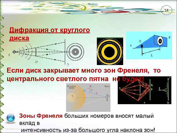 Непрозрачный диск закрывает небольшое число зон френеля в центре дифракционной картины наблюдается