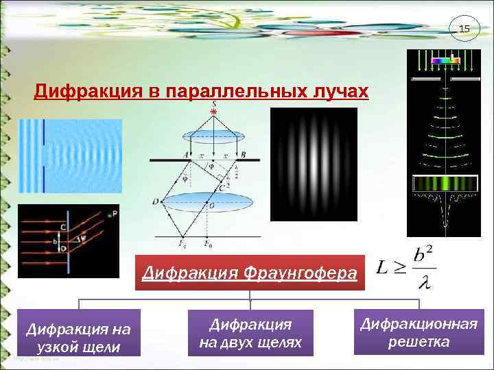 15 Дифракция в параллельных лучах Дифракция Фраунгофера Дифракция на узкой щели Дифракция на двух