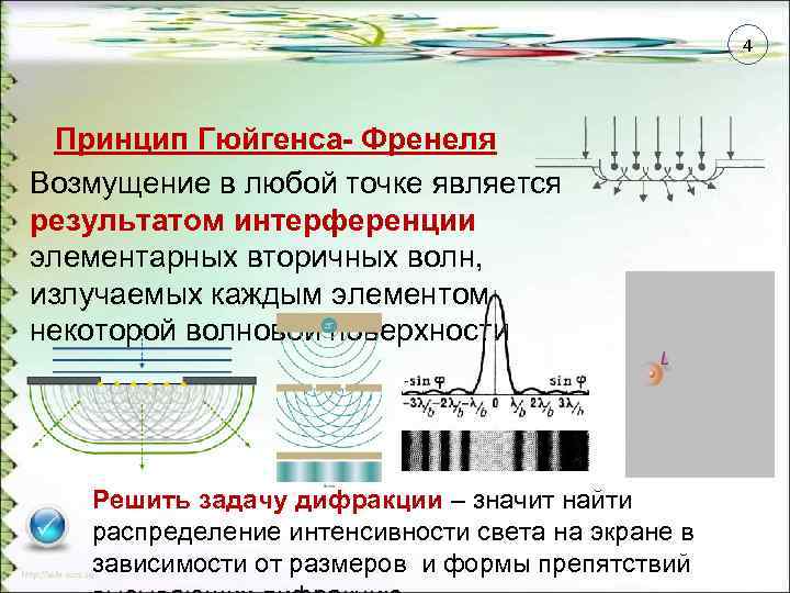 4 Принцип Гюйгенса- Френеля Возмущение в любой точке является результатом интерференции элементарных вторичных волн,