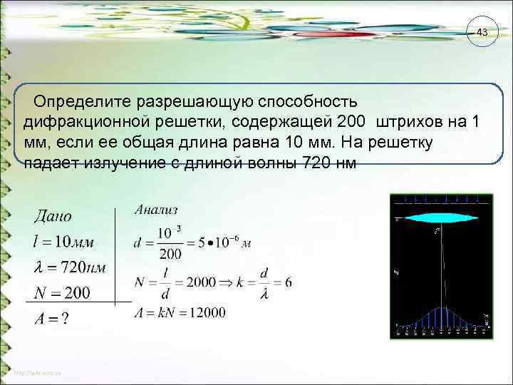 43 Определите разрешающую способность дифракционной решетки, содержащей 200 штрихов на 1 мм, если ее