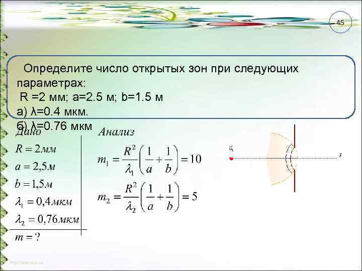 45 Определите число открытых зон при следующих параметрах: R =2 мм; a=2. 5 м;