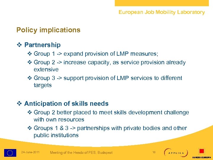 European Job Mobility Laboratory Policy implications v Partnership v Group 1 -> expand provision