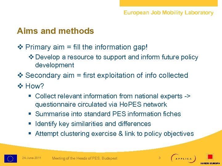 European Job Mobility Laboratory Aims and methods v Primary aim = fill the information