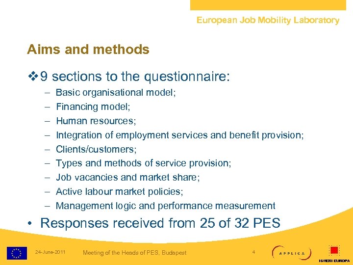 European Job Mobility Laboratory Aims and methods v 9 sections to the questionnaire: –