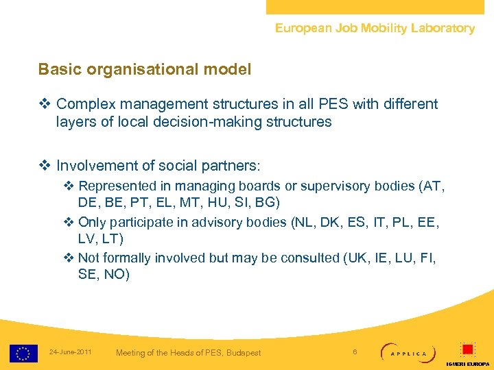 European Job Mobility Laboratory Basic organisational model v Complex management structures in all PES