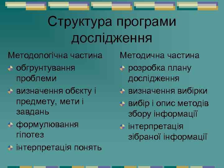 Структура програми дослідження Методологічна частина обгрунтування проблеми визначення обєкту і предмету, мети і завдань