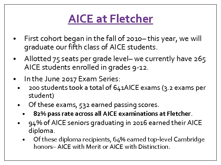 AICE at Fletcher First cohort began in the fall of 2010– this year, we